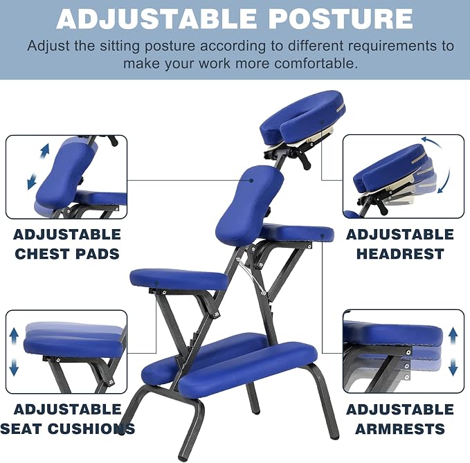 Portable Massage Chair for Tattoo and Spa Foldable Massage Therapy Chair with Adjustable Face Cradle High-Density Cushion Lightweight Design with Carrying Bag Ideal for Salon Use (Blue)
