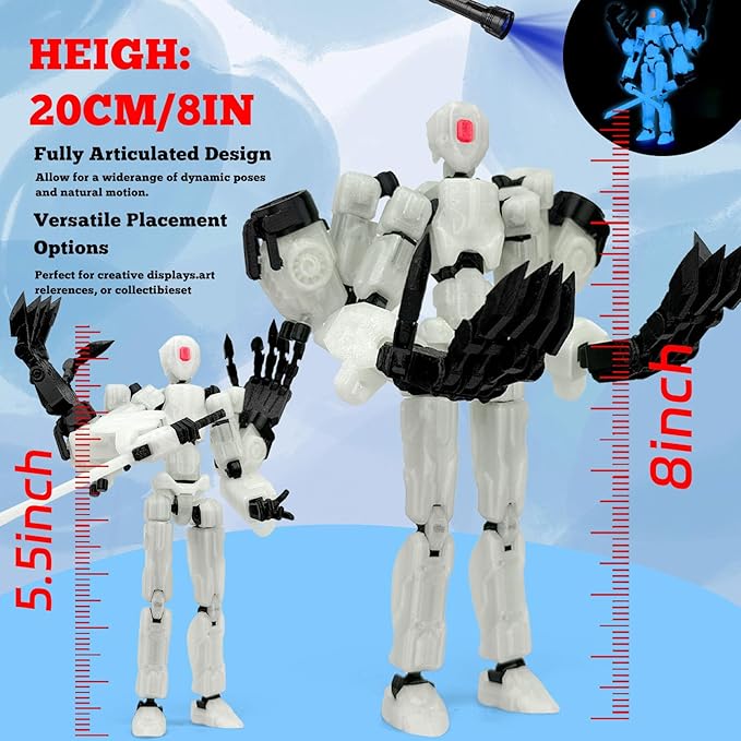 T13 Action Figure Assembly Completed, T13 Multi-Jointed Movable Robot Action Figure Set,Collectors Desktop Decorations for Game Lovers Toys (White Luminous Blue, 5.5IN)
