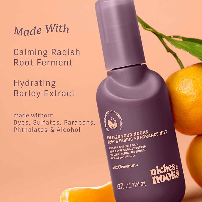 Niches & Nooks Feminine Body Spray & Mist – pH Balanced, Intimate Care, Soft Clementine Scent – Odor Control, Freshness, 4.2 fl oz