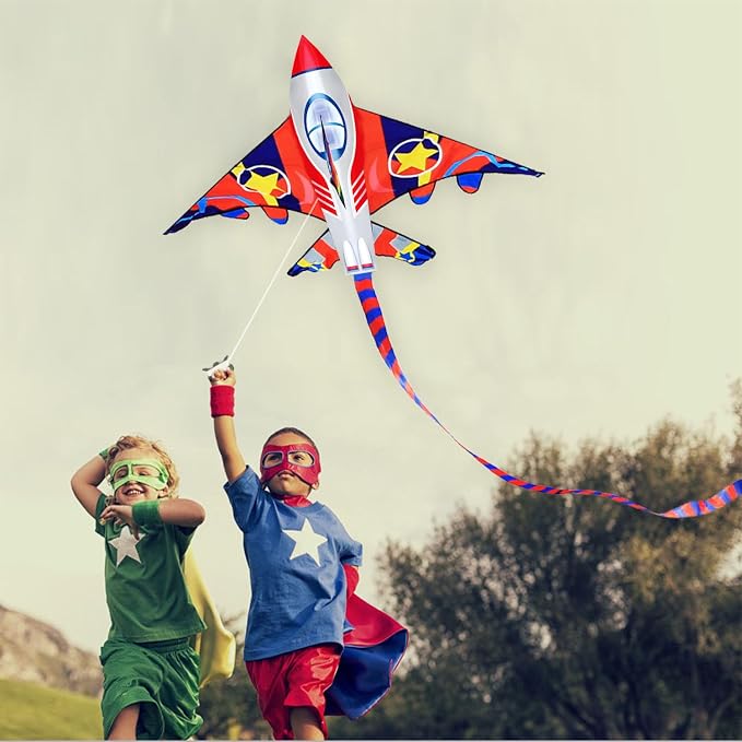HONBO 58" Fighter Plane - Kite for Kids & Adults, Easy to Fly, Beach Trip Beginner Kite with Reel and 200ft String