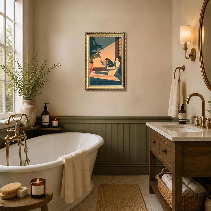 Funny Frog Bathroom Wall Art, Cute Japanese Frog in Toilet Wall Decor, Whimsical Green Animal Restroom Poster Canvas Painting Prints Artwork 16x24 inch Gold Framed