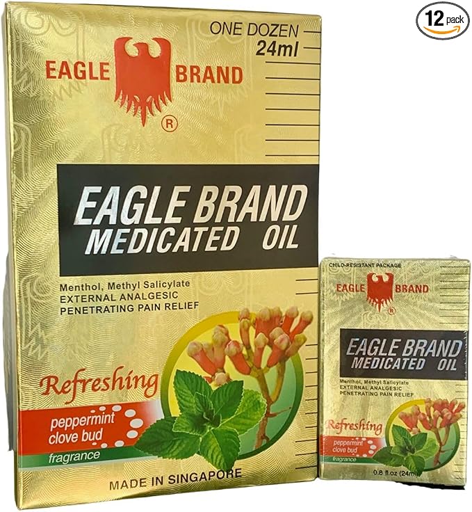 Case Set - Yellow Dozen Eagle Essentail Medicated Oil - Muoi Hai Chai Dau Con O Vang - 24mL per Bottle with 12 Bottles per Order - Made in Singapore