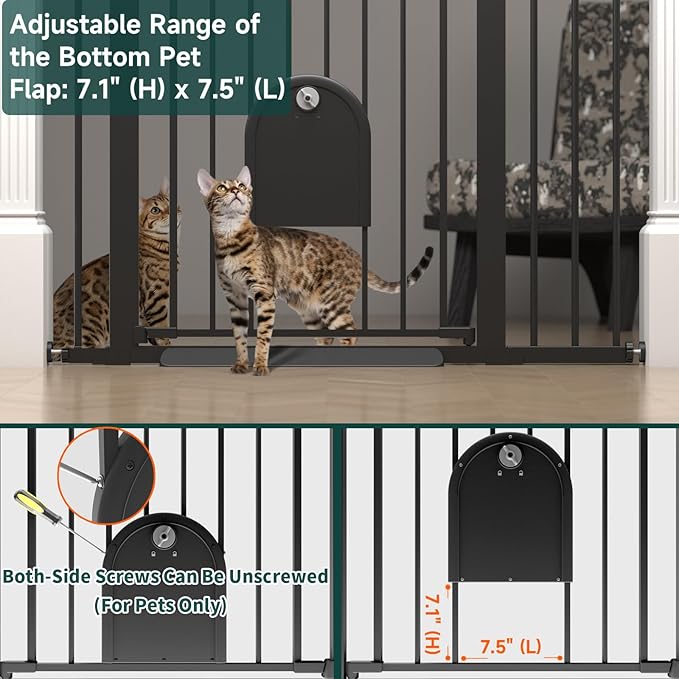 29.5"-51.5" Extra Wide Baby Gate with Cat Door for Stairs & Doorways - 30.5" Tall Auto-Close Metal Gate - No Drilling Pressure Mounted Dog Gate Indoor with Door (Black)