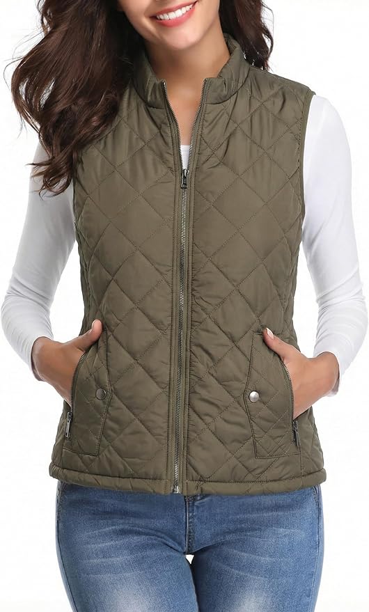 Fuinloth Women's Quilted Vest Lightweight Puffer Stand Collar Zip Gilet | 4 pockets with 2 inner storage. Quilted padded warm gilet. Fall winter outerwear layering vest for travel hiking daily wear.