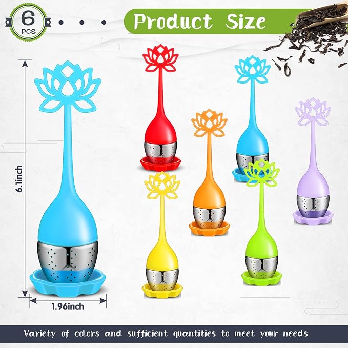 Set of 6 Silicone Tea Infuser Filter Loose Leaf Steeper Flower Tea Strainer Spoon Stainless Steel Loose Leaf Ball Handle Silicone Mesh Cup Filter Strainer(Lotus)