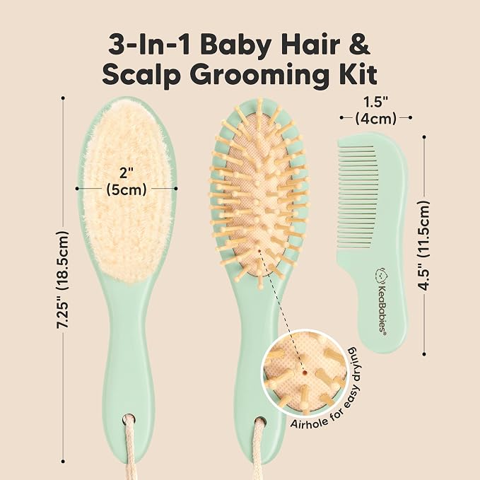 Wooden Baby Hair Brush Set for Newborns, Toddlers - Soft Goat Bristle Baby Brush and Comb Set Newborn Grooming Kit for Cradle Cap Care, Durable & Gentle, Boy, Girl Infant Essentials (Regular, Sage)