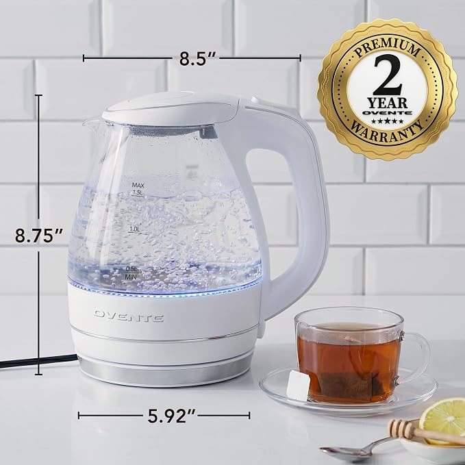 OVENTE Electric Kettle, 1.5L Borosilicate Glass Countertop Water Heater and Boiler for Coffee or Tea, BPA-Free, Auto Shut-Off, Boil-Dry Protection, Removable and Washable Spout Filter, White KG83W