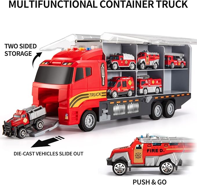 Toddler Toys for 3-9 Years Old Boys Die-cast Emergency Fire Rescue Vehicle Double Side Transport Car Toy Set W/Play Mat, Alloy Metal Fire Truck Gifts for Age 3 4 5 6 Kids Boys Girls Birthday Party