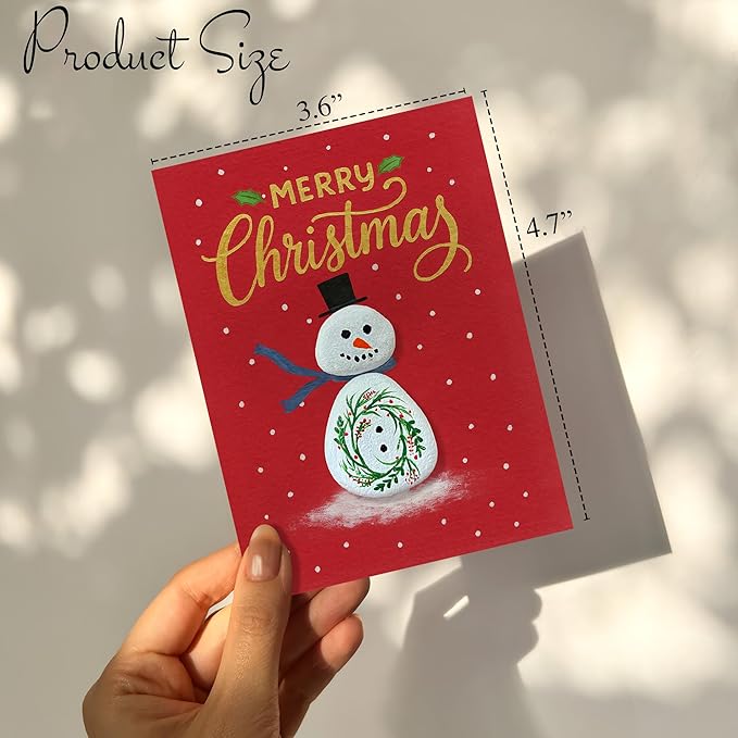 Handmade Snowman Christmas Greeting – Pebble Art Holiday Design with Envelope – Small Happy Holidays Mini, Winter-Themed Stationery, Unique Handmade Gift for Christmas