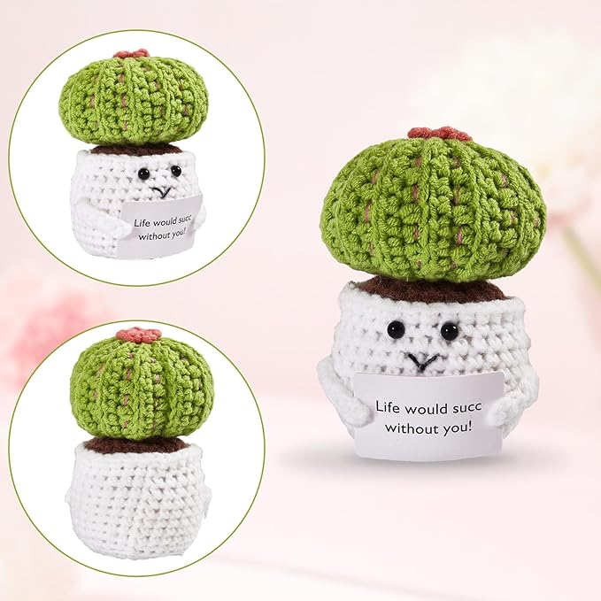 Hoedia Handmade Emotional Pickle Gift, Emotional Cucumber Crochet Doll Inspirational Gifts with Cards, Cute Knitted Funny Support Pickle Potato Friend Birthday (Positive Cactus)