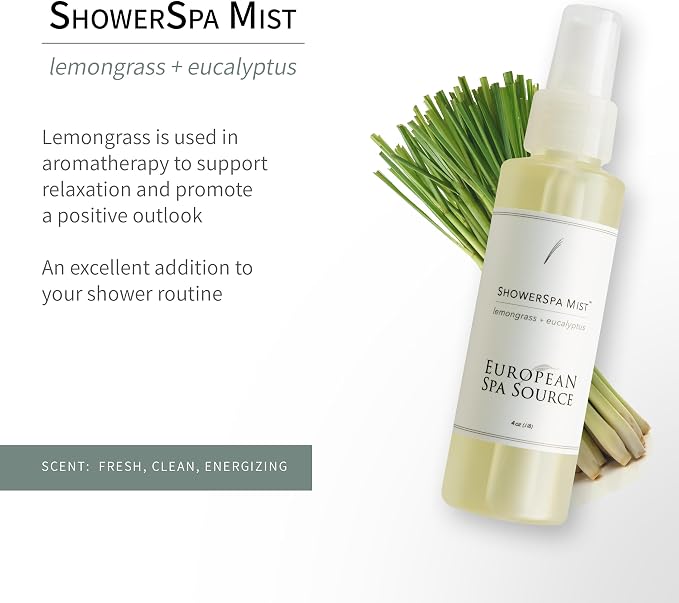 European Spa Source Energizing Lemongrass + Eucalyptus ShowerSpa Mist Spray for Aromatherapy, at Home Spa Experience, Sinus Congestion Relief, and Tension Relief, 4 fl oz.