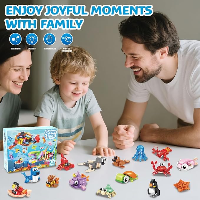 30 Packs Ocean Party Favors for Kids 895 PCS Mini Marine Animals Building Blocks for Goodie Bag Stuffers, Bulk Classroom Prizes, Christmas Birthday Party Favors for Boys Girls Ages 6-12