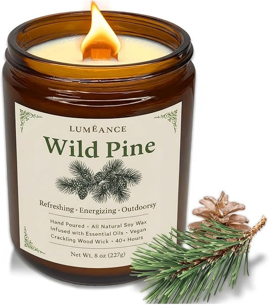 Wild Pine Candles for Home Aromatherapy, Hand Poured in Small Batches, 8oz Crackling Wood Wick Candle, 40+ Hours, 100% Soy Wax with Essential Oils, Winter Decor Gift