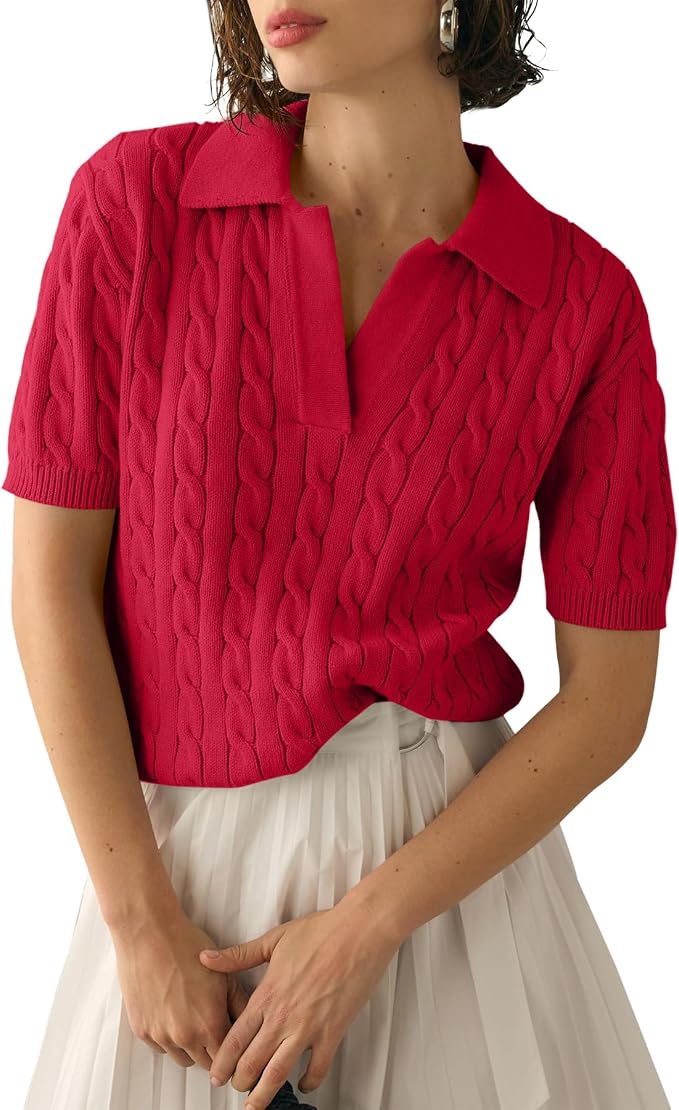 Imily Bela Womens Cable Short Sleeve Sweaters Tops Lapel V Neck Knit Shirt | Solid,Knit Casual,Soft Pullover,Fall Sweaters,Womens Summer Work Tops