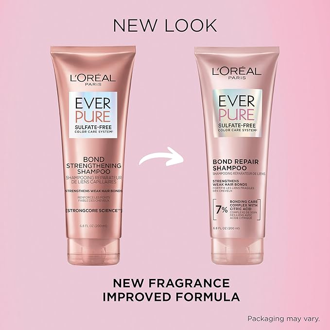 L'Oreal Paris Sulfate Free Bond Repair+ Shampoo,Hair Shampoo with Bond + Amino Acid Complex,Strengthens and Repairs Damaged or Color Treated Hair,EverPure,6.8 Fl Oz (Packaging May Vary),(Pack of 2)