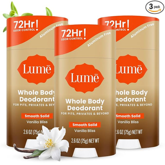 Lume Whole Body Deodorant - Smooth Solid Stick - 72 Hour Odor Control - Doctor Developed - Aluminum Free, Baking Soda Free and Skin Loving - 2.6 Ounce (Pack of 3) (Vanilla Bliss)
