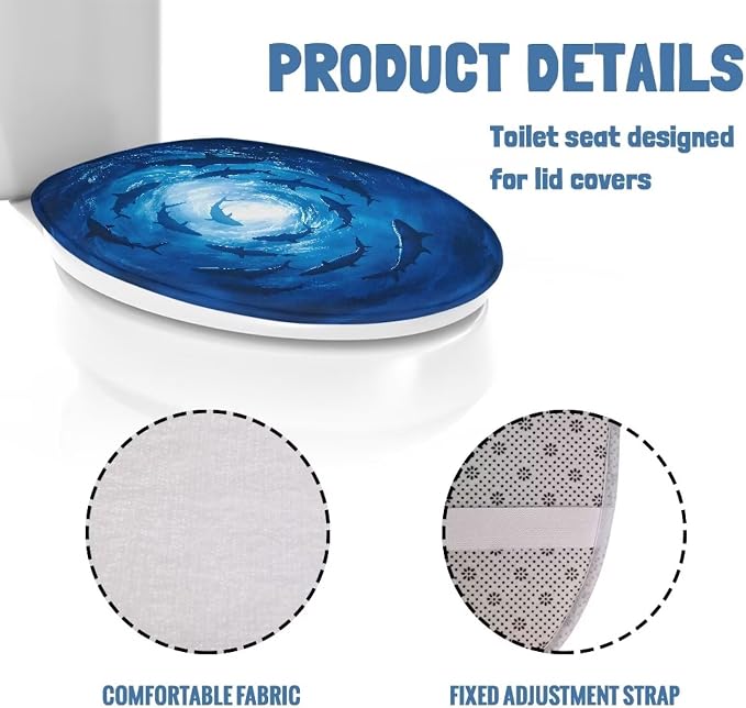 Ocean Shark Toilet Seat Covers for Bathroom Flannel Fabric Toilet Covers Pad Soft and Breathable Toilet Lid Cover Flannel Fabric Universal for Most Toilet Bowl Lids Blue