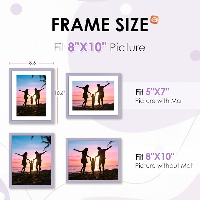 FIXSMITH 8x10 Picture Frame Set of 2, Purple Photo Frame with HD Plexiglass, Display Pictures 5x7 with Mat or 8x10 Without Mat Multi Picture Frames Collage for Tabletop or Wall Display