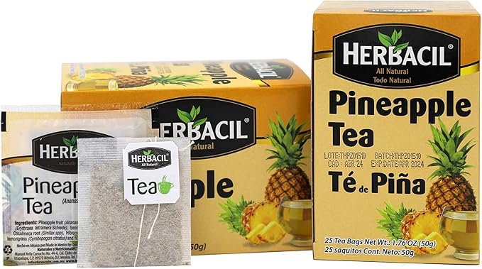 Herbacil Pineapple Tea, Herbal Tea with Dehydrated Pineapple Fruit, Caffeine - Free, 10-Pack of 25 bags per box (50 Tea Bags)