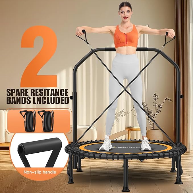 ANCHEER 40" Foldable Rebounder Trampoline for Adults/Kids with Resistance Bands and Bungees, Indoor & Outdoor Mini Trampoline with Bar and Safety Padding - Max Load 330lbs (Orange)