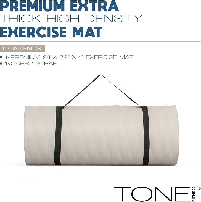 Tone Fitness 1-Inch Thick Yoga Mat | High-Density, Non-slip Exercise Mat with Carrying Strap for Yoga, Pilates, & Home Gym Workouts | Multiple Options