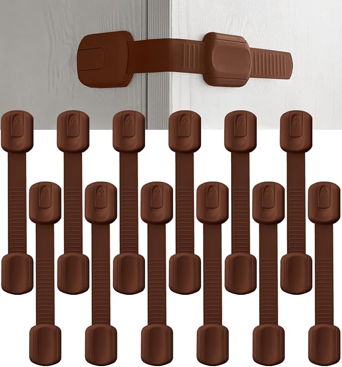 Bates- Child Safety Strap Locks, 12 Pack, Brown, Child Locks for Cabinets and Drawers