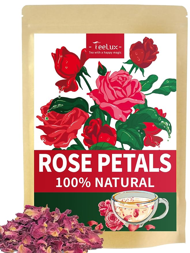 TeeLux Rose Petals Tea, Premium Food Grade Dried Rose Flowers for Drinks, Baking, DIY Beauty, Crafts, All Natural, Caffeine Free, 2.82oz
