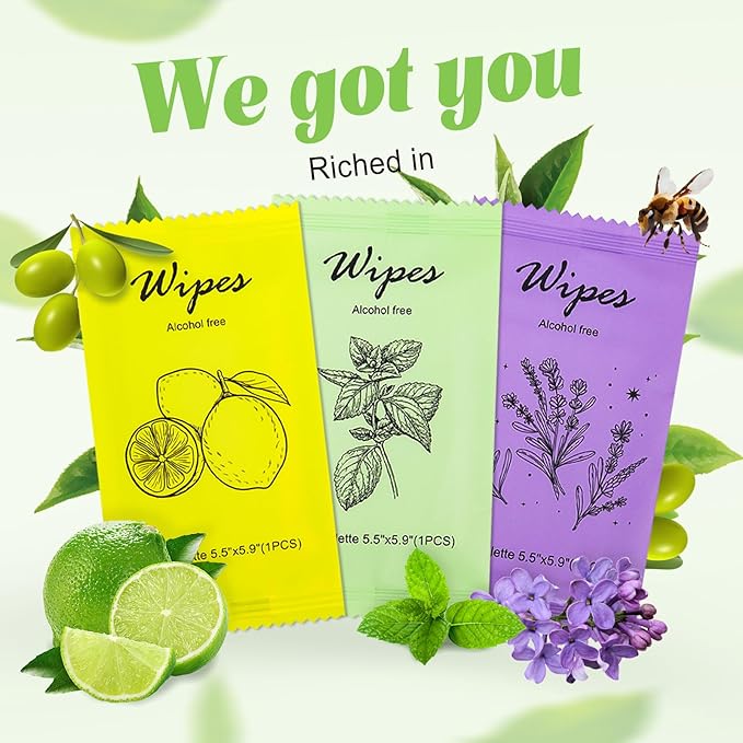 Individual Hand Wipes Wet Wipes Travel Size,Wet Wipes Individually Wrapped | 300PCS Bulk Cleansing Travel Size Wipes for Wedding Travel Restaurant Barbecue(Mint,Lemon,Lavender)
