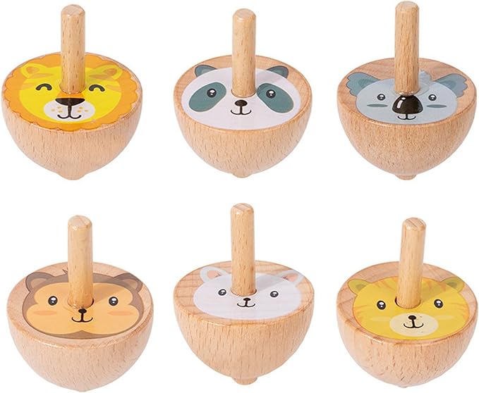 6 Pcs/Set Beech Wood Spinning Tops Toy for Kids, Animal Wooden Gyroscopes Toy for 3 4 5 6 7 Years, Fruit Educational Kindergarten Toys, Spin Tops for Party Games Birthday Gifts Family Fun (Animal)