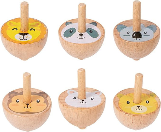 6 Pcs/Set Beech Wood Spinning Tops Toy for Kids, Animal Wooden Gyroscopes Toy for 3 4 5 6 7 Years, Fruit Educational Kindergarten Toys, Spin Tops for Party Games Birthday Gifts Family Fun (Animal)