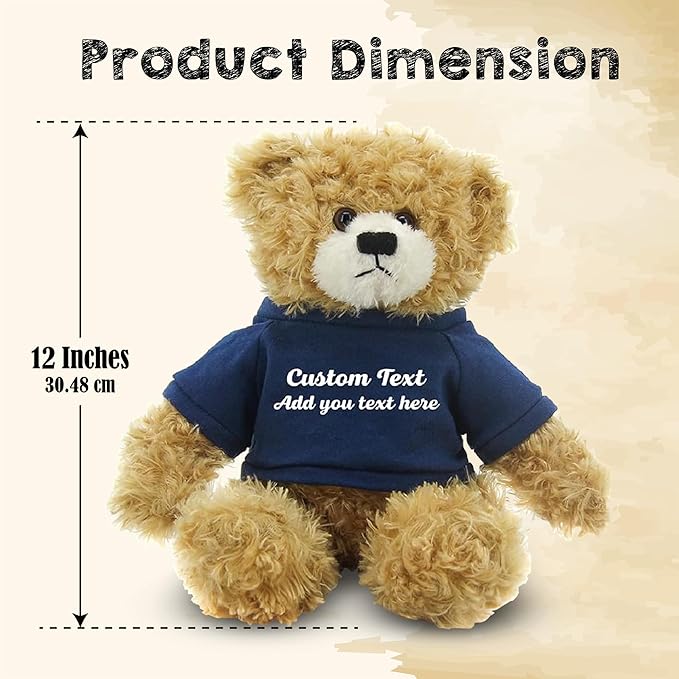 Customized Beige Brandon Bear - 12 inch Personalized Stuffed Bear Plush Toy - Perfect Custom Shirt Bear Gift for Graduation Valentines Graduation Easter Holidays (Navy Blue Shirt)