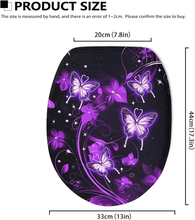 Purple Butterfly Toilet Seat Cover Elongated for Bathroom Neon Butterfly Oval Toilet Seat Cover with Elastic Band Bathroom Butterflies Dust Cover Replacement,Easy to Clean