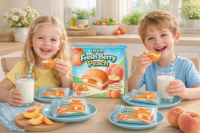 Korean Peach Cream Cake Snack, Soft Filled Sponge Cakes with Real Peach Pieces, Individually Wrapped, 11.85 oz (336g), 12 Pack, Sweet Dessert Snack I Orion