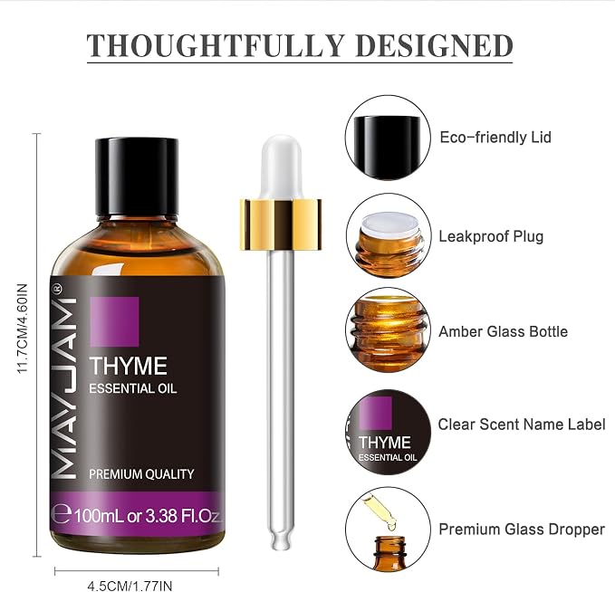 Thyme Essential Oil 3.38FL.OZ - Pure Essential Oils with Glass Dropper - Thyme Oil for Aromatherapy and Diffuser, MAYJAM Essential Oil Singles