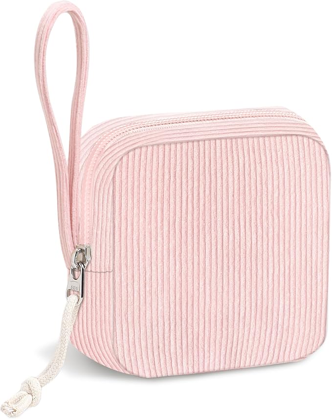 Corduroy Period Pouch for Women, Cute Sanitary Pad Pouch with Zipper, Portable Tampon Holder for Purse, Sanitary Napkin Storage Bag for Travel (BB Pink)