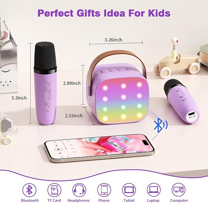 Mini Karaoke Machine with 2 Wireless Microphones, 2026 TOP Kids Portable Bluetooth Karaoke Machine for 3, 4, 5, 6, 7, 8, 9,10,11,12+Year Old, Christmas Birthday Gifts for Girls Boys Adults Home Party