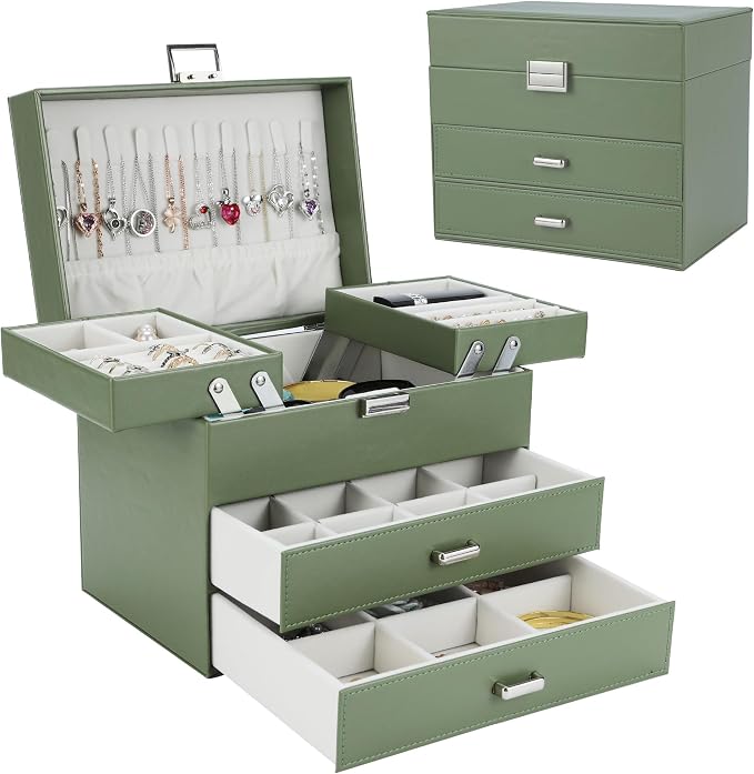 Jewelry Organizer Box, Large Jewelry Boxes for Women Girls, Space-Saving 4 Layers Jewelry Storage Case with Drawer, Movable Metal Stand, Modern, Gift Idea (Green)