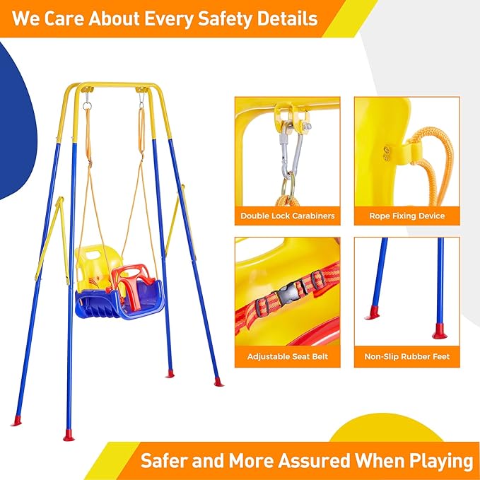 FUNLIO Toddler Swing with Foldable Metal Stand for Toddlers Aged 1~10 Years, 3-in-1 Baby Swing Set with 4 Sandbags for Backyard/Indoor/Outdoor Play, Easy to Assemble & Store