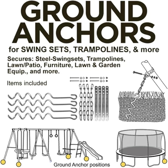 Metal Ground Anchor Kit - 4pcs Auger-Style 12 3/4" ea. All Hardware Included. Easy Assembly, Strong and Durable. for Backyard Swing Sets, Trampolines, Yard Furniture, by XDP Recreation a USA Company