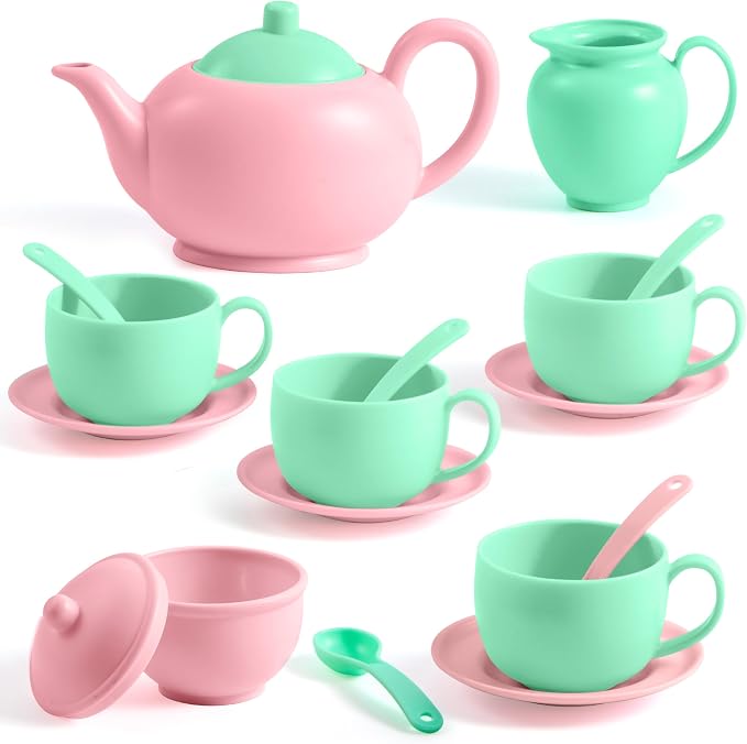JOYIN 18PCS Pretend Tea Party Set, Plastic Tea Set, Mini Kitchen for Kids, Gifts for Toddler Boys Girls Ages 3 4 5 6 Years Old, Easter Birthday Gifts