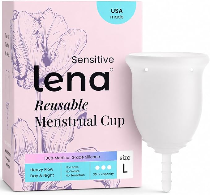 Lena Sensitive Menstrual Cup - Ultra Soft Medical-Grade Silicone Period Cups for Women Heavy Flow, Beginner-Friendly, Reusable 12-Hour Leak-Free Comfort & Feminine Care - Large, Clear