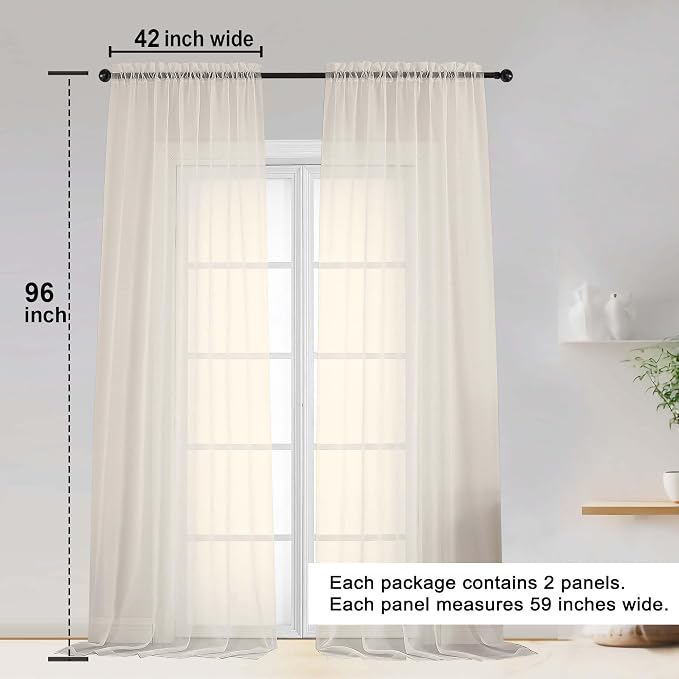 OWENIE Cream Sheer Curtain 96 Inch Long 2 Panels Set, Light Filtering Clear Rod Pocket Soft Sheer Curtain 95 for Bedroom/Living Room, 2Pcs, Each 42" W x 96" L, Cream