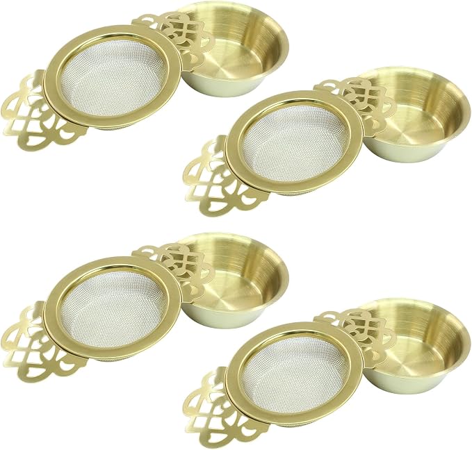 Waziaqoc 4 Pack Tea Fine Mesh Tea Strainers with Bowl, Stainless Steel Loose Leaf Tea Filter for 2.5-4 Inch Cup Mouth, Gold