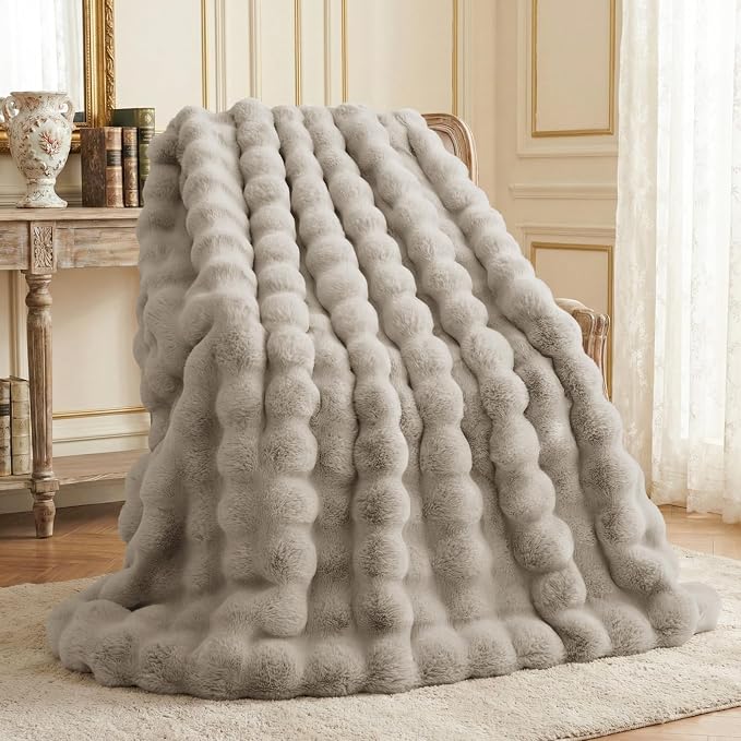 L'AGRATY Faux Rabbit Fur Throw Blanket for Couch, 50'' x 60'', Castle Grey | Soft Cozy Bubble Fluffy Blanket for Sofa Bed, Thick Warm Plush Fuzzy Throw for Room Home Decor, Luxury Gift for Women Mom