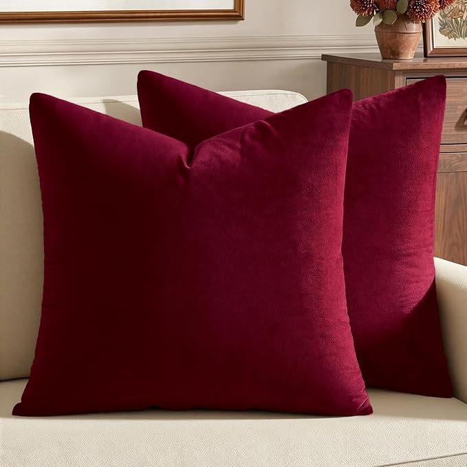 MIULEE 24x24 Inch Pack of 2 Euro Velvet Throw Pillow Covers Wine Red | Soft Solid Decorative Euro Sham, Modern Luxury Home Decor, for King Bed Sofa Couch Bedroom Livingroom