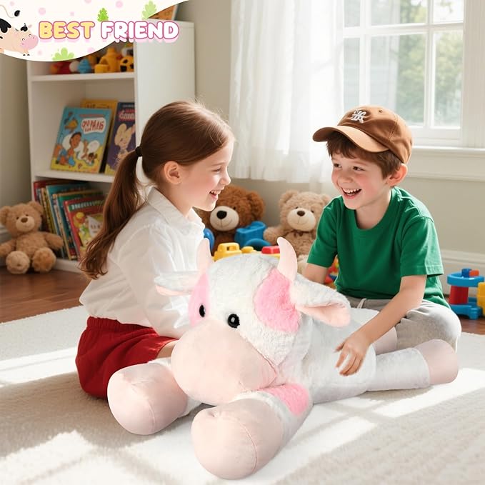 Giant Cow Stuffed Animal 30", Jumbo Strawberry Cow Plush Toys, Giant Stuffed Animal Hugging Pillow for Stress Relief & Sleep Aid, Huge Cuddly Dairy Plushies Gift for Kids Adults