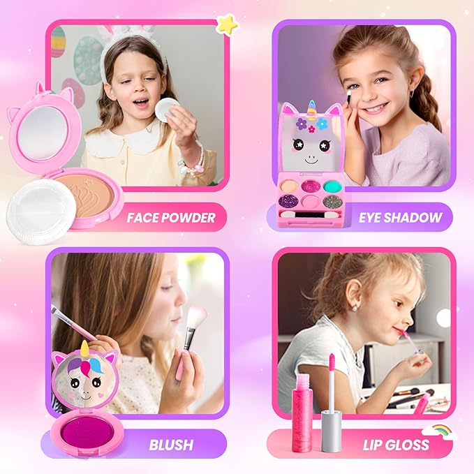 ULOVEME Kids Washable Makeup Kit for Girls 4-6 with Small Coin Purse(5.5x5.25in) - Real, Non Toxic Make Up Toy Gift- Umicorn Gift Set (Pink Coin Purse)