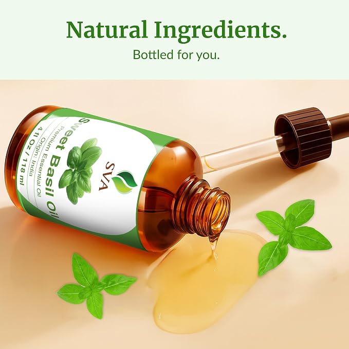 SVA Sweet Basil Essential Oil 4 Fl Oz – for Diffuser, Skin & Hair Care – Ideal for Massage & DIY Blends - with Dropper