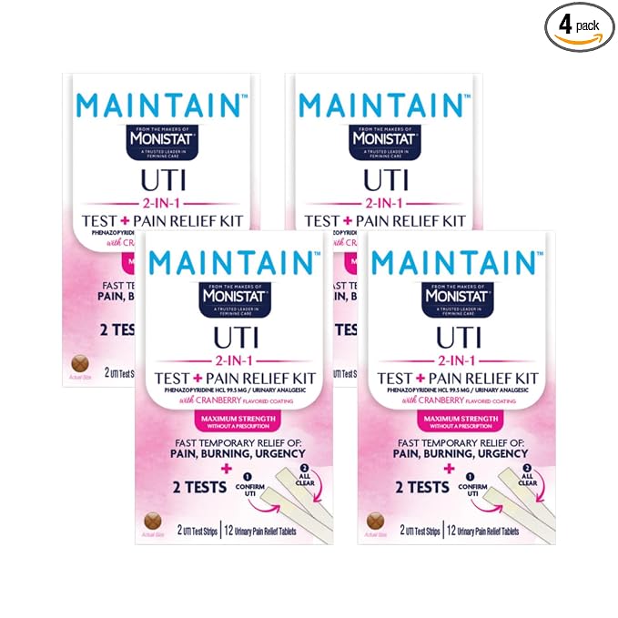 Monistat Maintain UTI Test and Pain Relief Kit, UTI Test Strips and Urinary Pain Relief Tablets, Cranberry Flavor Coating, 2 Test Strips and 12 Tablets (Pack of 4)
