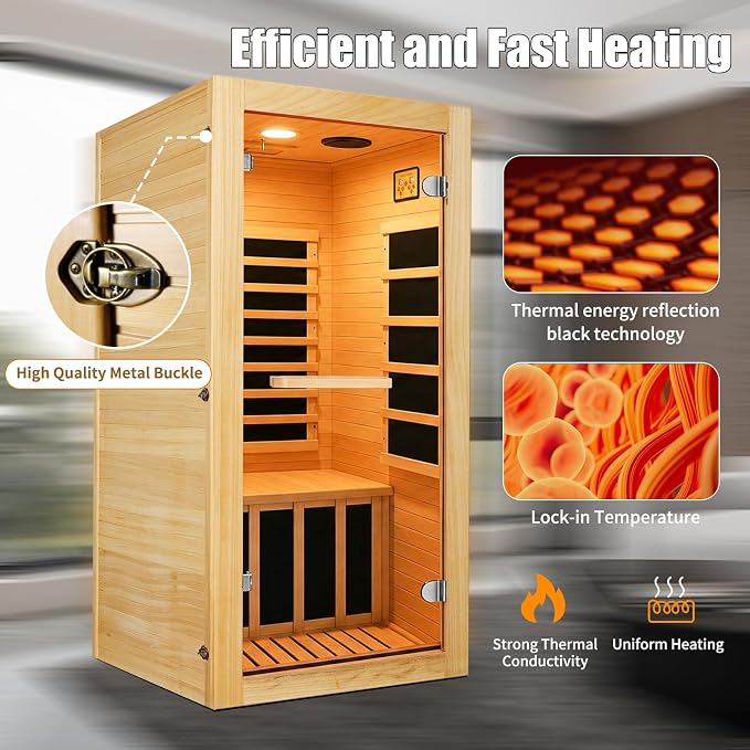 Infrared Sauna 1 Person Far Infrared Sauna Indoor Home Dry Sauna | Wood Low EMF for Home Gym Spa with Speakers & 10 Color Lights for Women Men Elder Compact Size 32.3 * 28.3 * 61.4"